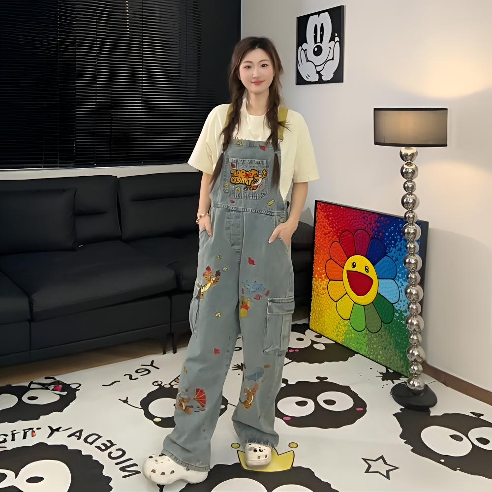 特大码胖mm复古水洗卡通刺绣牛仔背带裤女设计感美式工装连体裤子 - 图1
