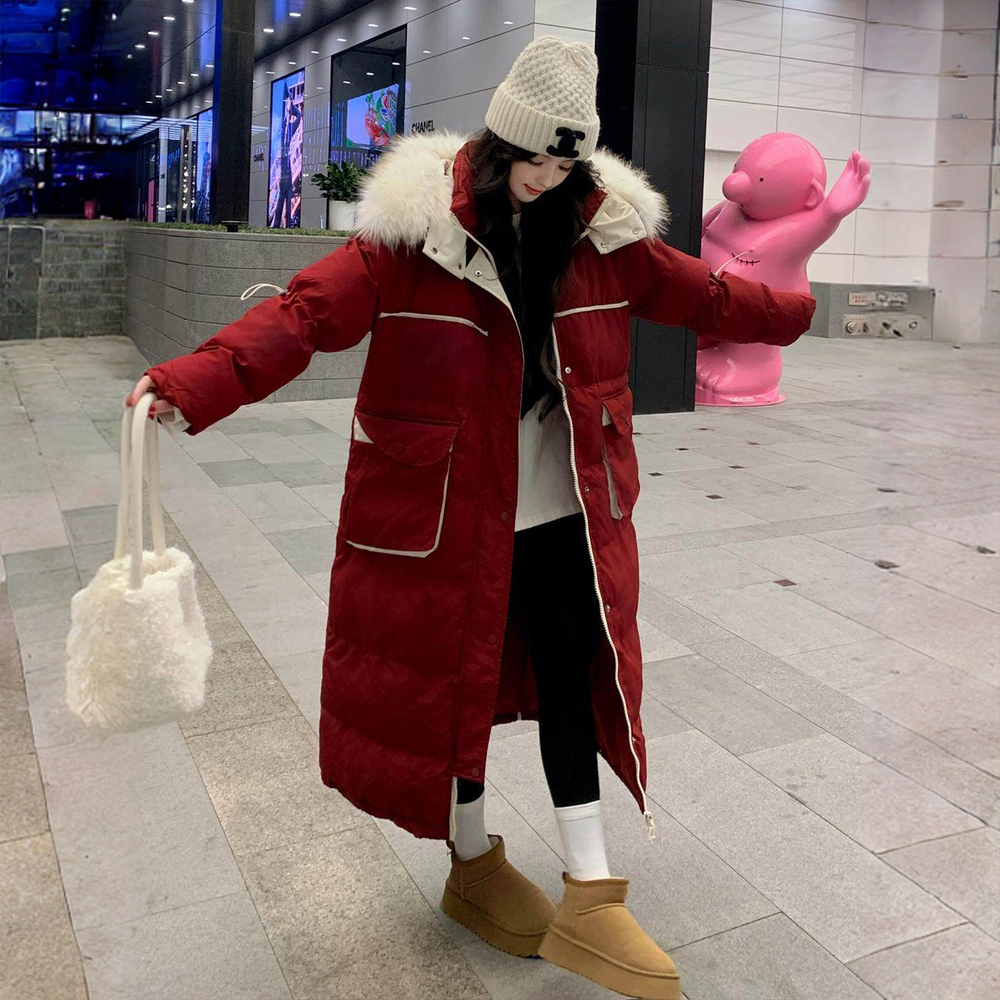大码女装红色过膝长款保暖羽绒棉服女胖mm气质减龄毛领连帽厚外套,淘宝优惠券,粉丝福利购,淘宝优惠卷