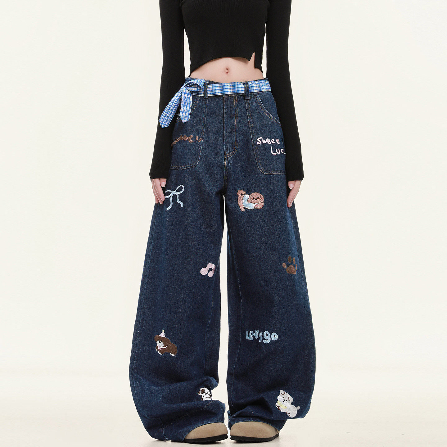 特大码胖mm韩版宽松显瘦阔腿牛仔裤女格子小众设计感卷边直筒裤子,淘宝优惠券,粉丝福利购,淘宝优惠卷