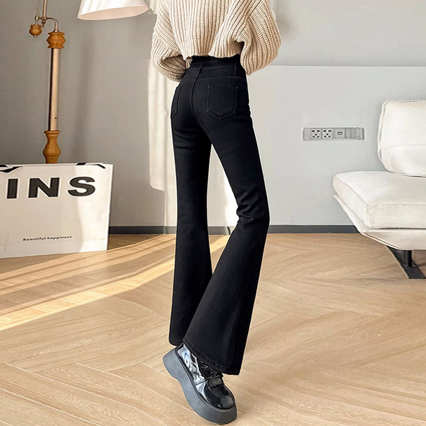 大码女装胖mm黑色显瘦弹力牛仔裤女小个子慵懒风百搭休闲微喇裤子,淘宝优惠券,粉丝福利购,淘宝优惠卷