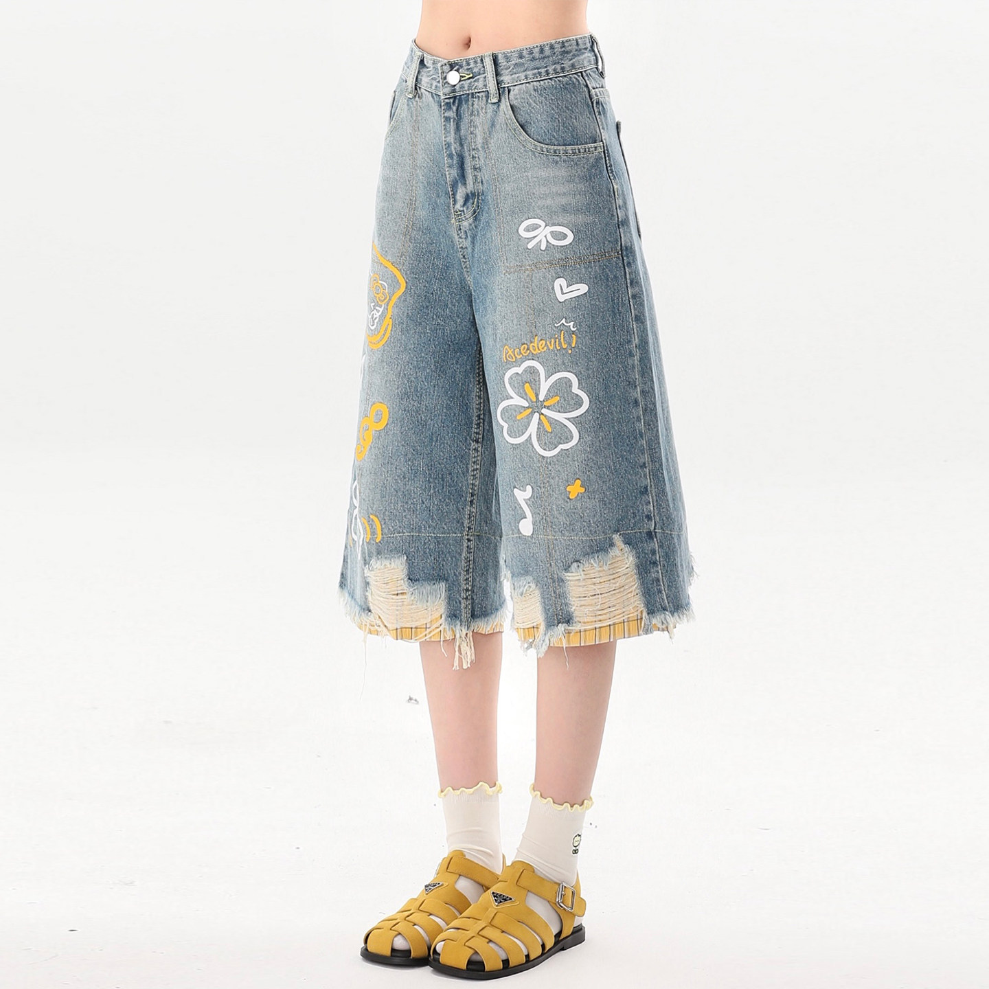 特大码女装美式减龄卡通印花破洞牛仔短裤女胖mm设计感阔腿七分裤,淘宝优惠券,粉丝福利购,淘宝优惠卷