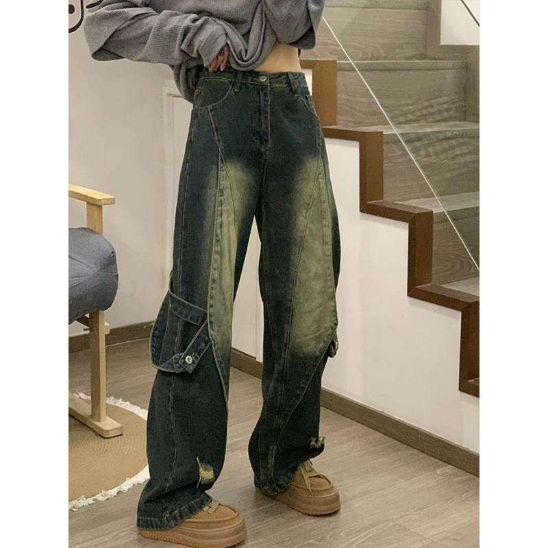 300斤特大码胖mm美式高街设计感牛仔裤女春秋复古设计感阔腿长裤,淘宝优惠券,粉丝福利购,淘宝优惠卷