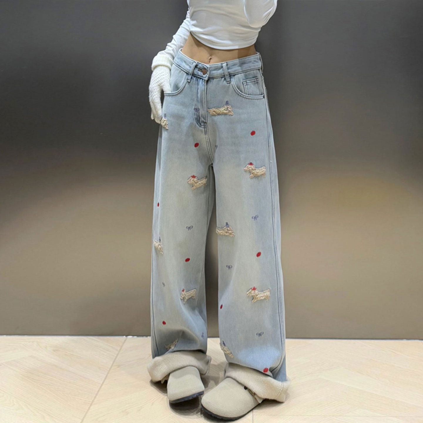 特大码女装胖mm蓝色加绒牛仔裤女冬季学院风卡通刺绣加厚阔腿裤子,淘宝优惠券,粉丝福利购,淘宝优惠卷