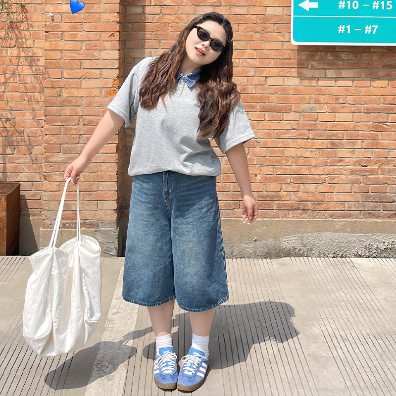 300斤特大码女装胖mm蓝色牛仔短裤女夏季裤子韩版宽松百搭七分裤 - 图1
