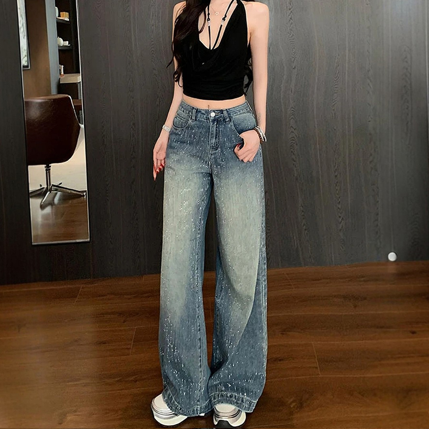 胖mm特大码满天星烫钻阔腿牛仔裤女秋季小众设计感高腰显瘦长裤子 - 图0