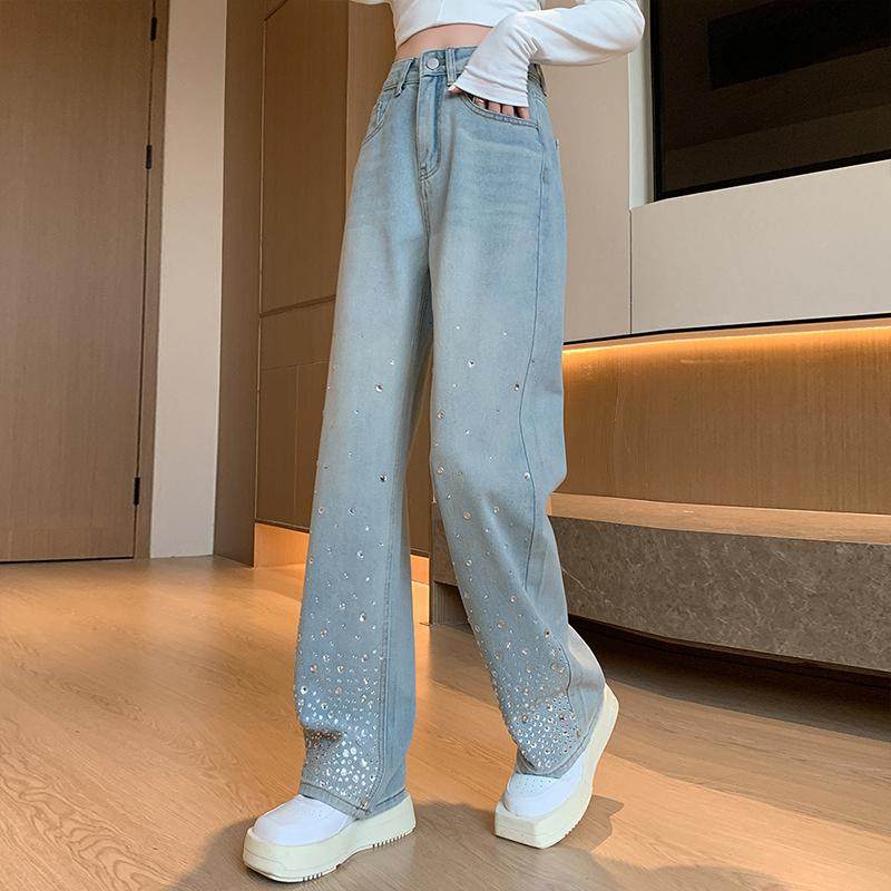 大码女装胖mm高级感浅色系牛仔裤女高腰宽松显瘦重工烫钻阔腿裤子,淘宝优惠券,粉丝福利购,淘宝优惠卷