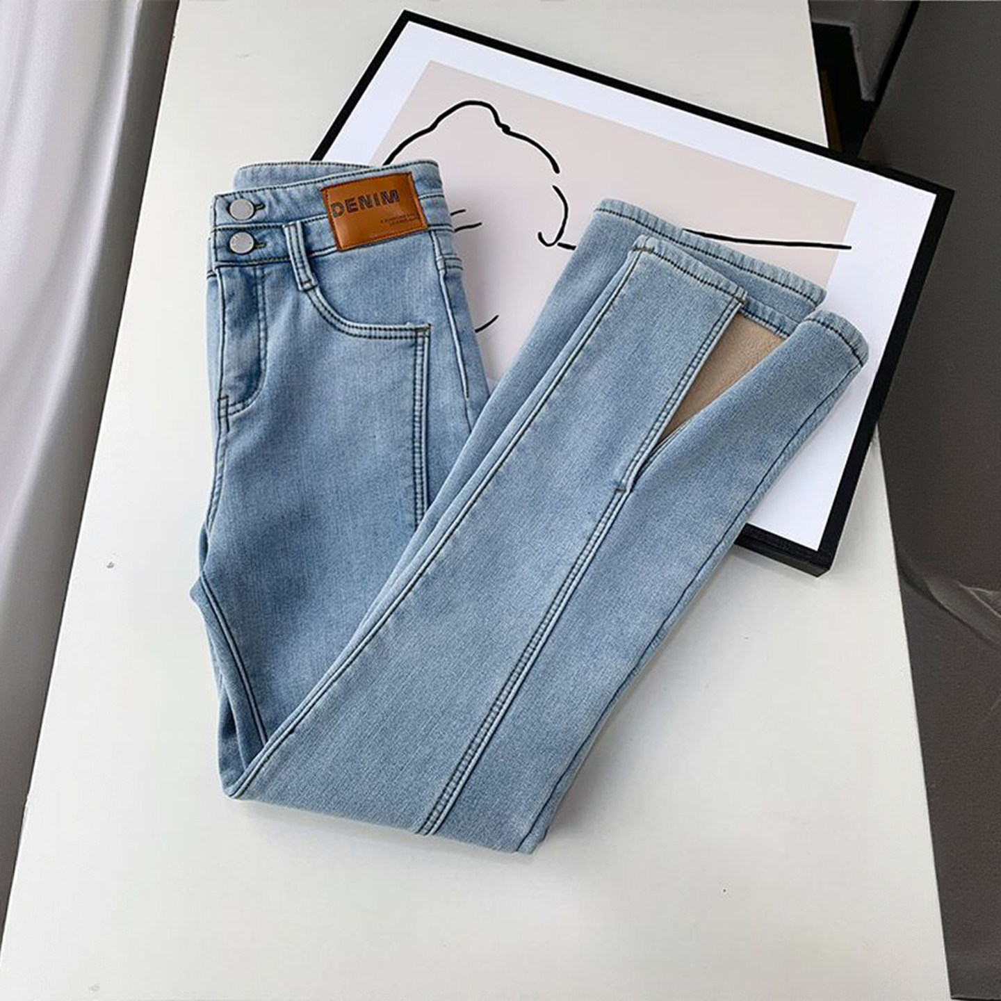 大码女装美式辣妹风黑色牛仔裤女胖mm加绒加厚裤子弹力开叉微喇裤,淘宝优惠券,粉丝福利购,淘宝优惠卷