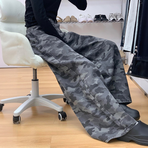 特大码女装复古迷彩色加绒牛仔裤女秋冬胖mm女裤保暖加厚阔腿裤子 - 图1