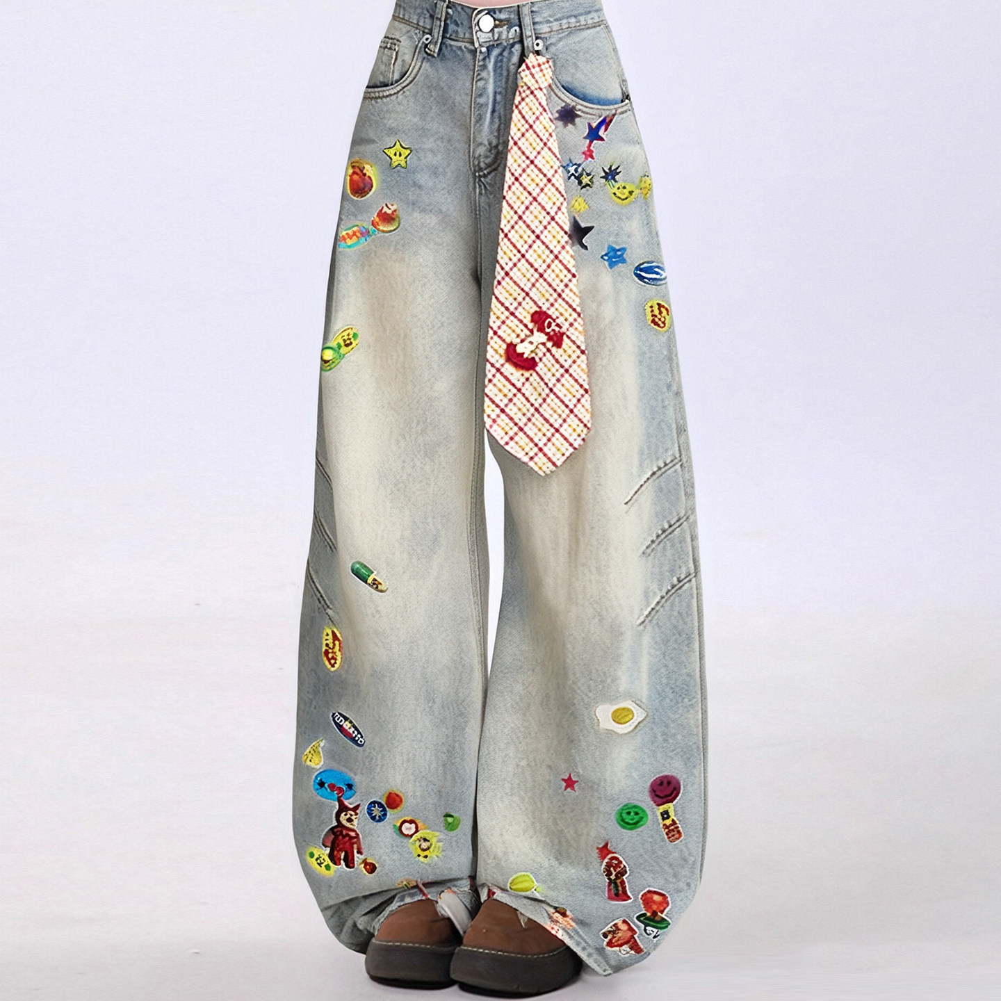 胖mm大码女装减龄卡通印花阔腿牛仔裤女夏季垂感遮肉显瘦弯刀长裤,淘宝优惠券,粉丝福利购,淘宝优惠卷