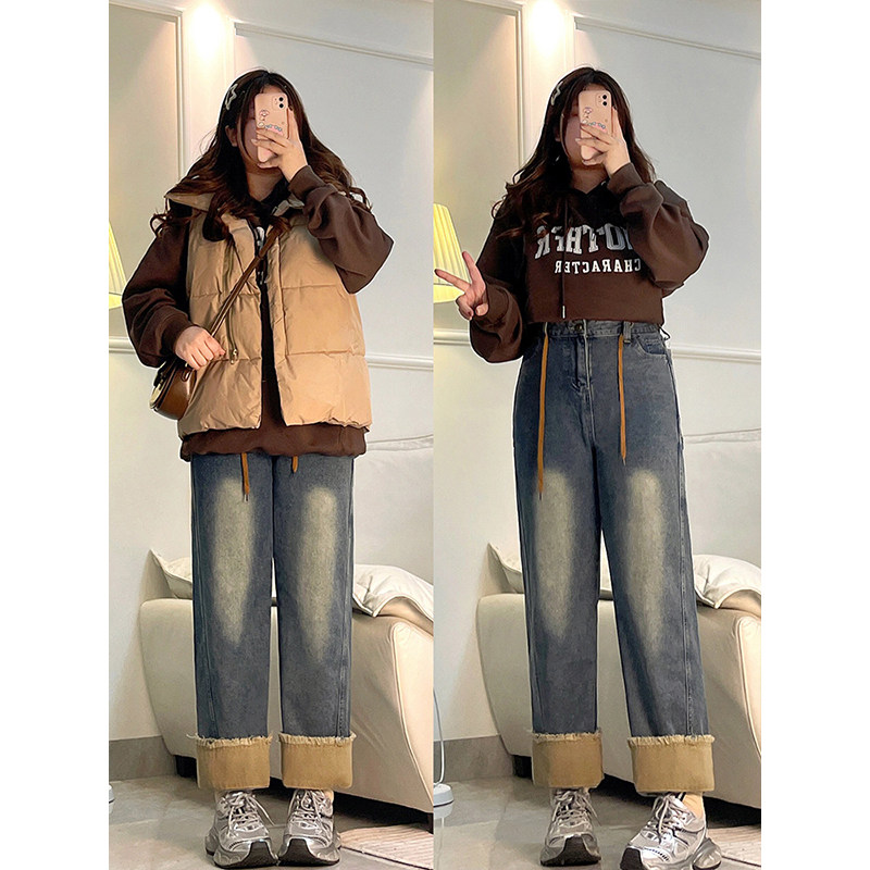 胖mm美式复古直筒牛仔裤女秋季大码女装抽绳裤子女显瘦阔腿九分裤,淘宝优惠券,粉丝福利购,淘宝优惠卷