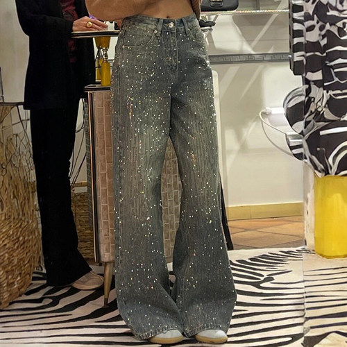 300斤大码女装满天星烫钻直筒牛仔裤女胖mm复古蓝宽松高级感裤子 - 图3