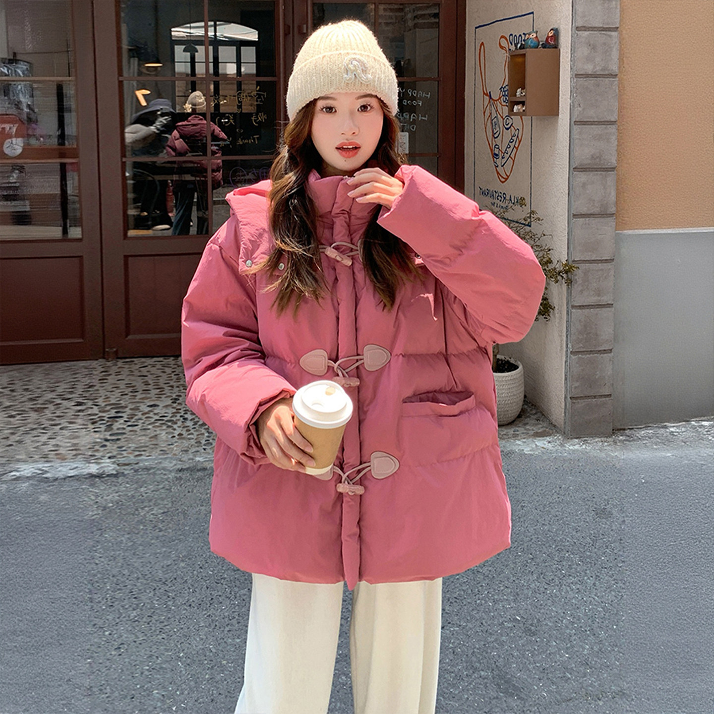 300斤大码女装树莓粉加厚保暖棉服女胖mm牛角扣设计连帽棉衣外套,淘宝优惠券,粉丝福利购,淘宝优惠卷