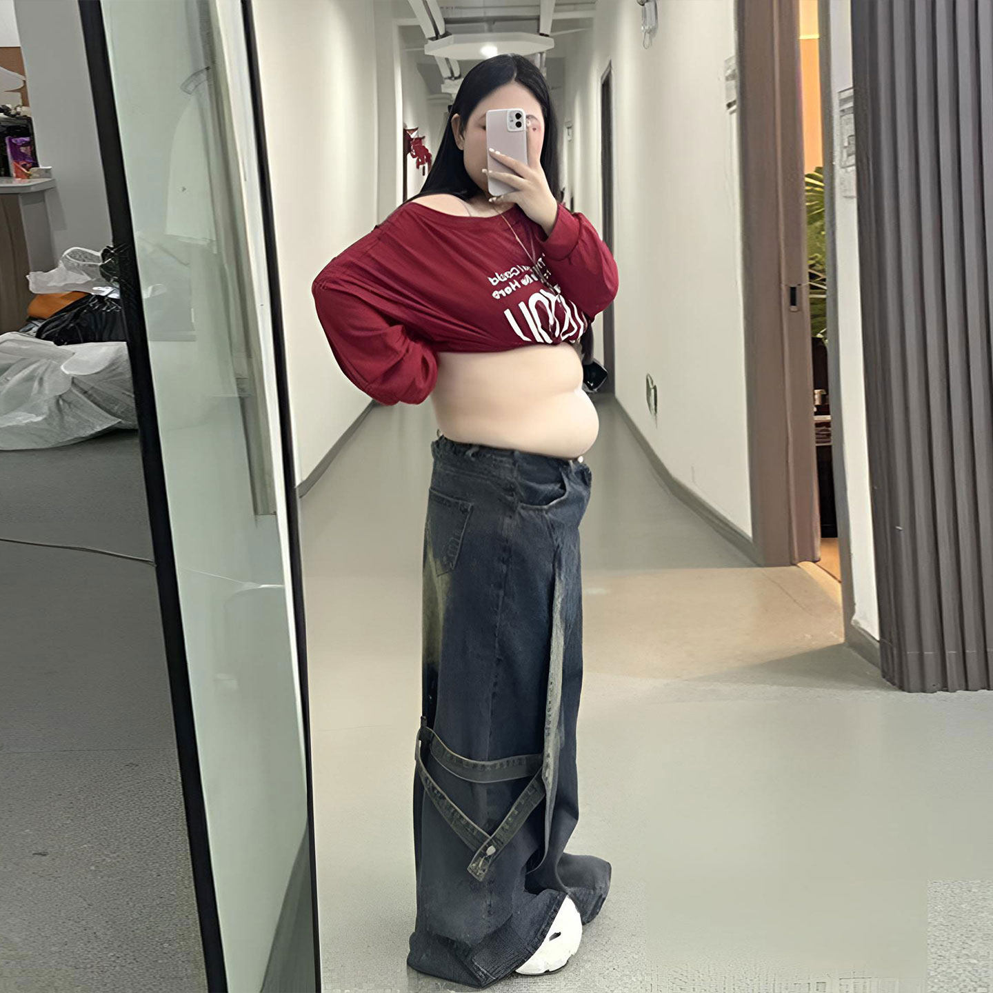 胖mm美式复古拼接设计高街牛仔裤女特大码裤子学生显瘦阔腿工装裤,淘宝优惠券,粉丝福利购,淘宝优惠卷