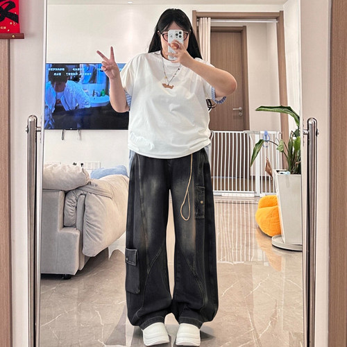 胖mm300斤大码女装美式复古工装牛仔裤女秋季高街宽松弯刀裤女裤 - 图3