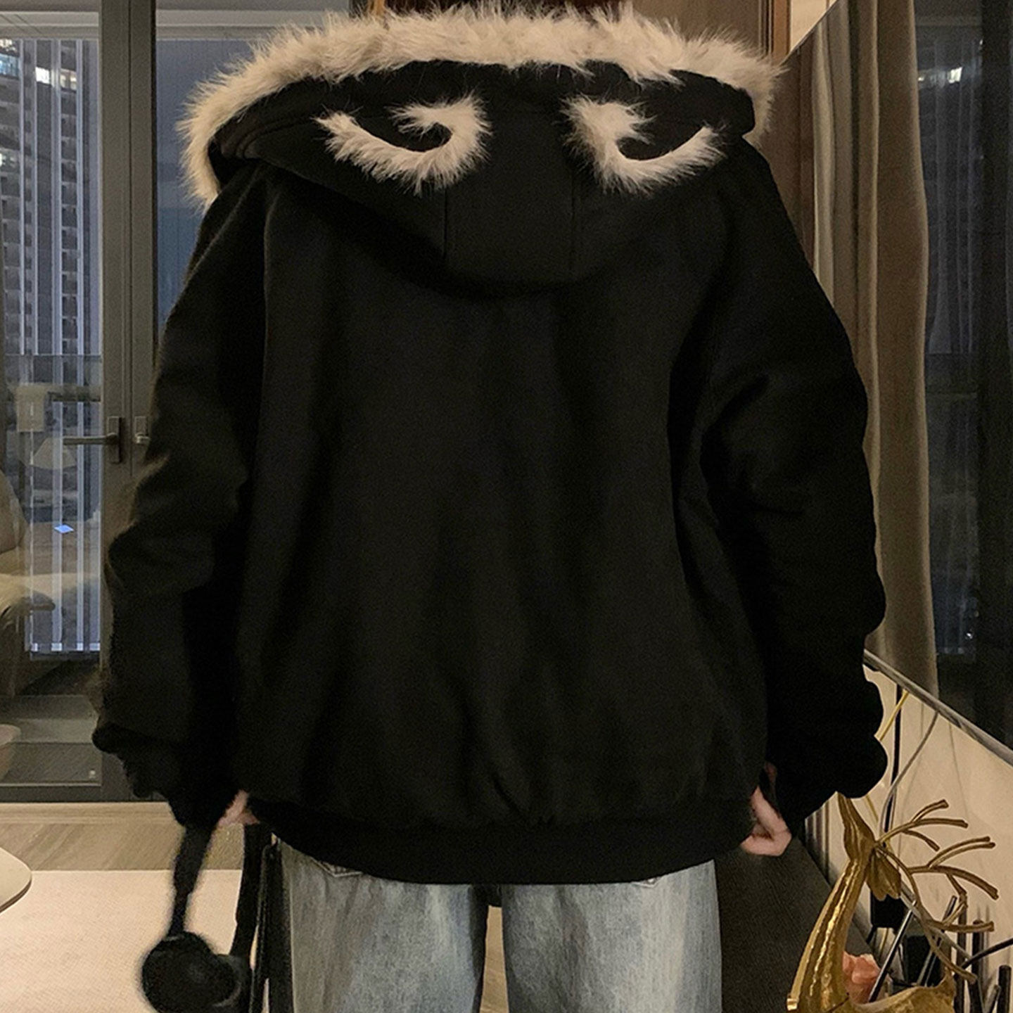 大码胖mm黑色设计感加厚棉服女款2025新款冬时尚百搭连帽毛绒外套,淘宝优惠券,粉丝福利购,淘宝优惠卷