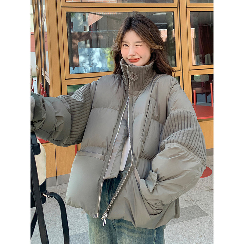 特大码女装胖mm针织拼接灰绿色棉服女韩系高级感加厚保暖棉衣外套,淘宝优惠券,粉丝福利购,淘宝优惠卷