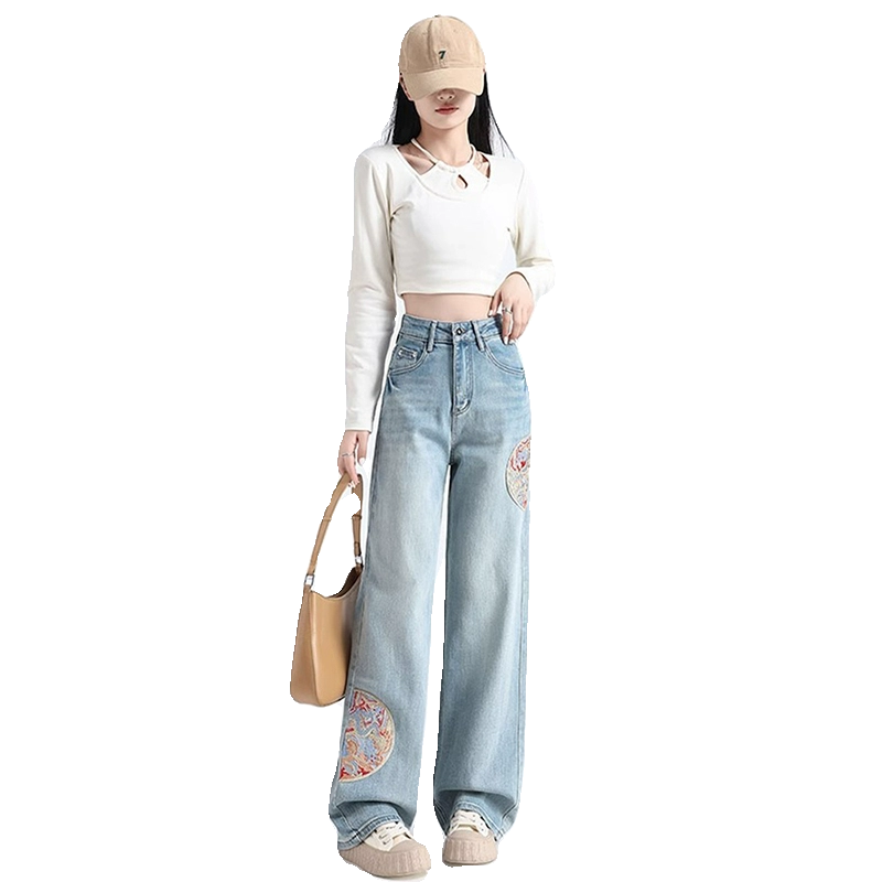 胖mm新中式国风刺绣直筒牛仔裤女300斤大码女装显瘦休闲阔腿裤子 - 图3