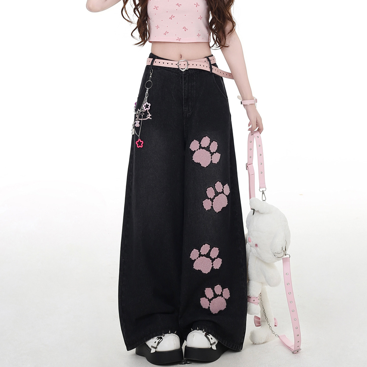 300斤特大码甜酷风猫爪刺绣牛仔裤女胖mm黑色高级感学生阔腿裤子,淘宝优惠券,粉丝福利购,淘宝优惠卷