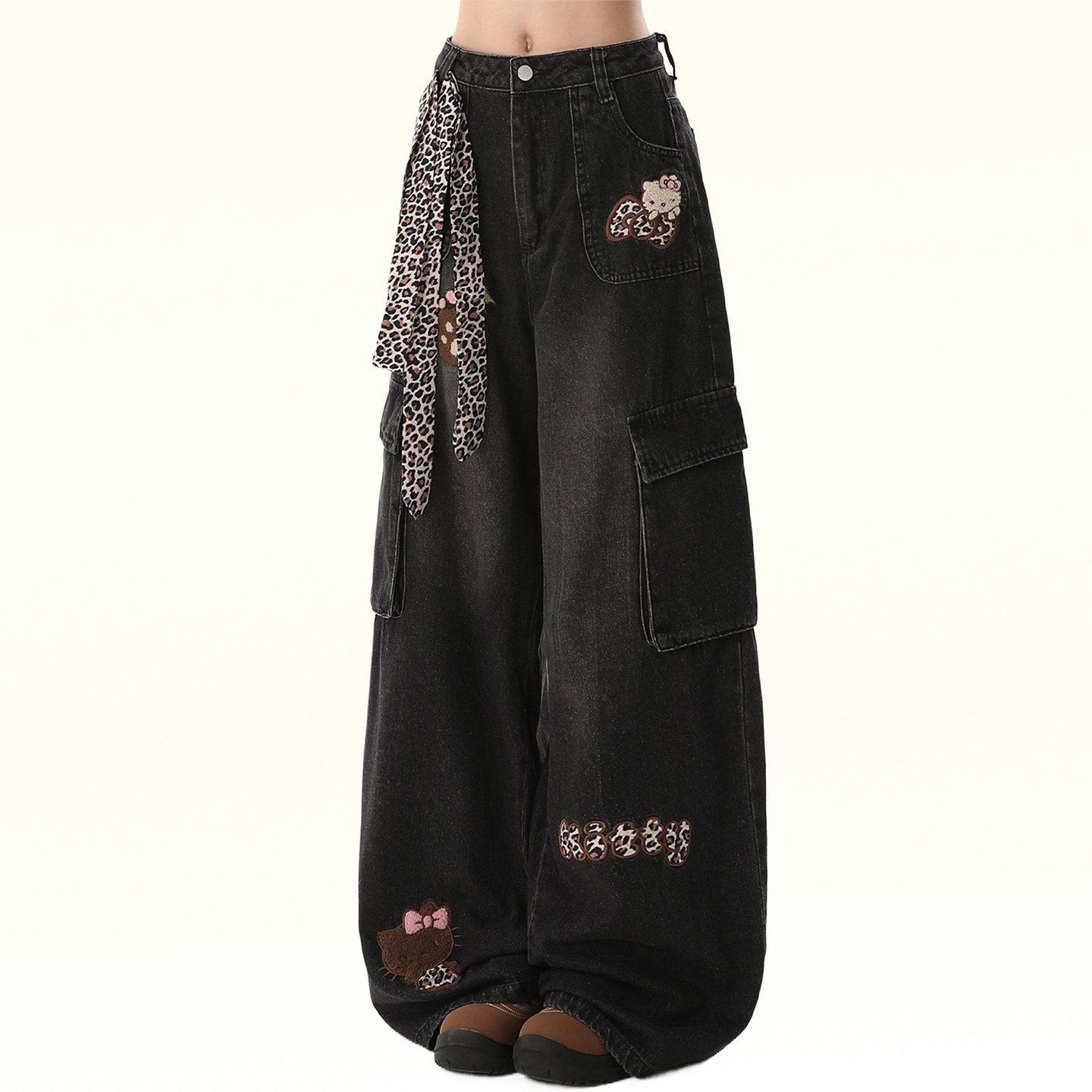 大码女装胖mm黑色豹纹拼接牛仔裤女加绒加厚设计感多口袋阔腿裤子,淘宝优惠券,粉丝福利购,淘宝优惠卷