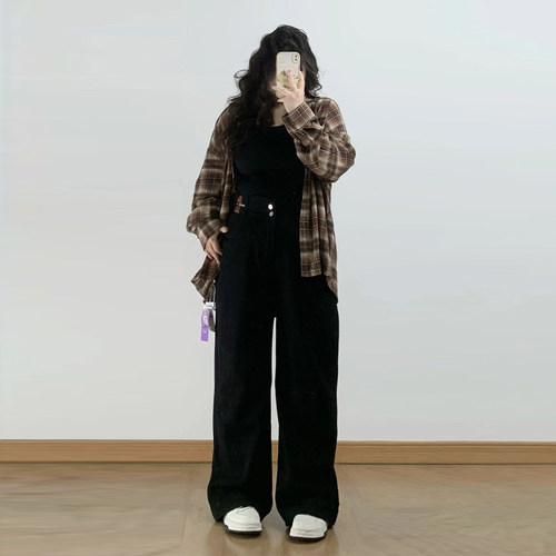 大码女装胖mm黑色直筒牛仔裤女秋冬新款裤子宽松显瘦百搭加绒女裤 - 图2