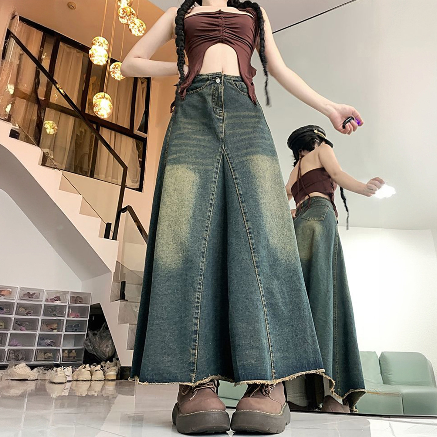 胖mm韩版宽松牛仔半身裙女新款大码中长款美式穿搭a字鱼尾大摆裙,淘宝优惠券,粉丝福利购,淘宝优惠卷