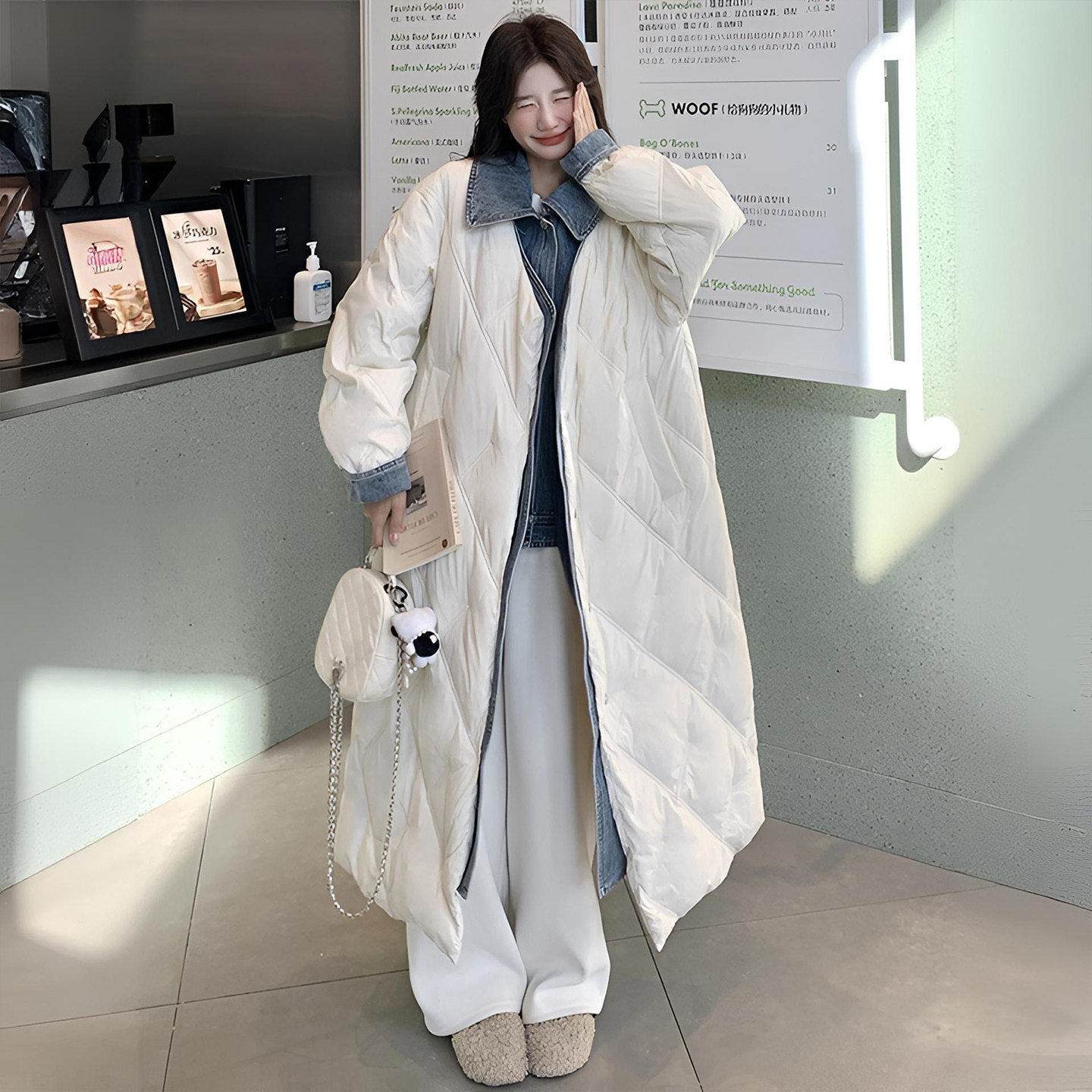 胖mm特大码米白色牛仔拼接棉服女韩系百搭设计感慵懒风中长款外套,淘宝优惠券,粉丝福利购,淘宝优惠卷