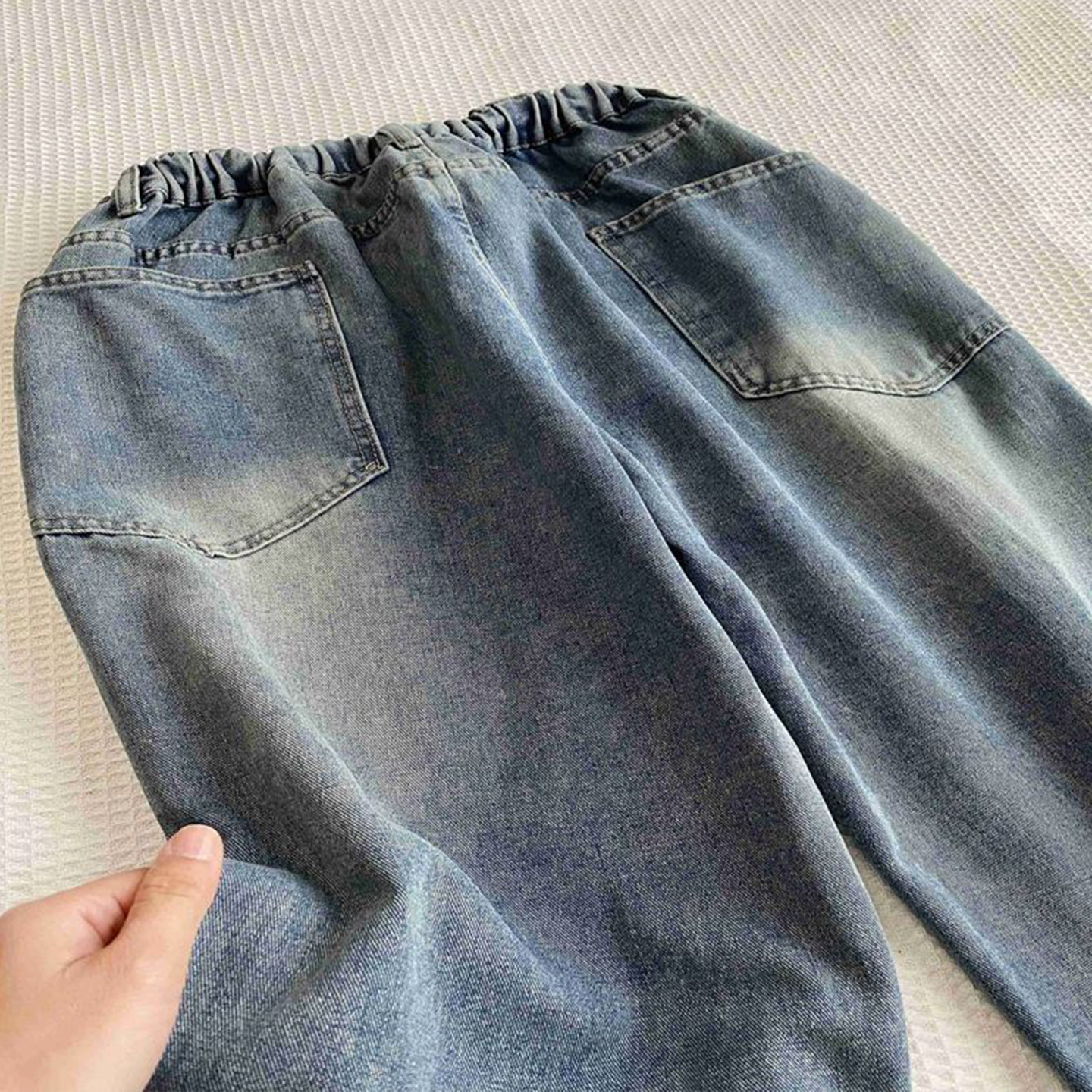 特大码胖mm蓝色卷边牛仔裤女胖mm梨型身材显瘦抽绳设计直筒九分裤,淘宝优惠券,粉丝福利购,淘宝优惠卷