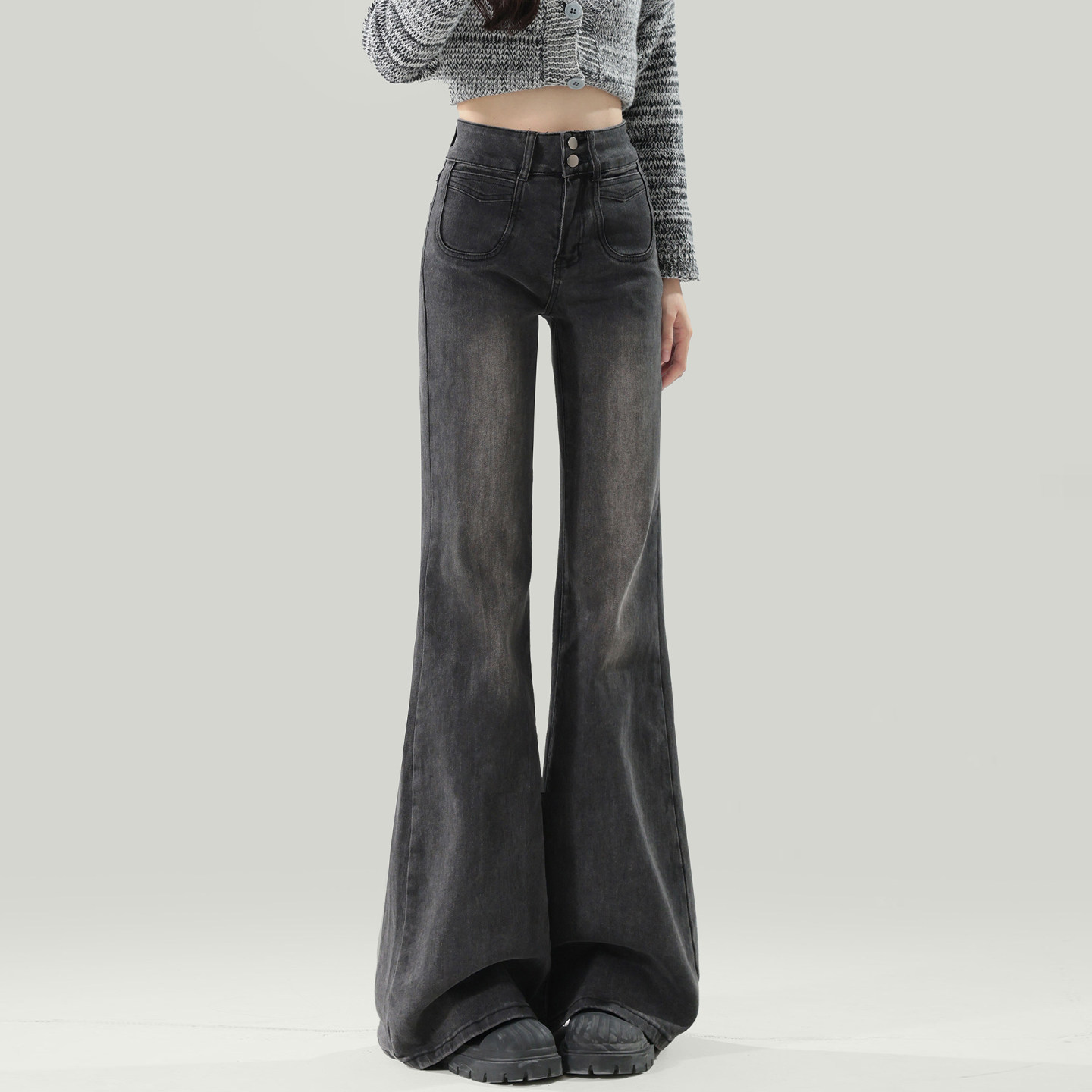 特大码胖mm美式复古微喇牛仔裤女秋季黑灰色高腰显瘦弹力喇叭裤子,淘宝优惠券,粉丝福利购,淘宝优惠卷