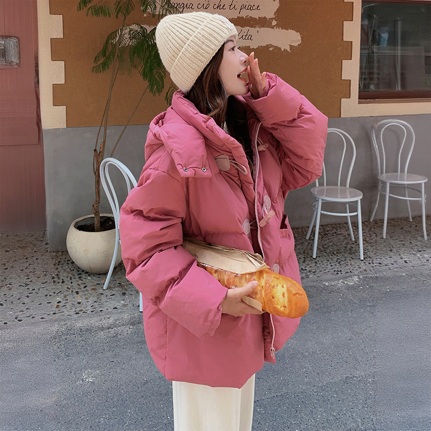 300斤大码女装树莓粉加厚保暖棉服女胖mm牛角扣设计连帽棉衣外套,淘宝优惠券,粉丝福利购,淘宝优惠卷