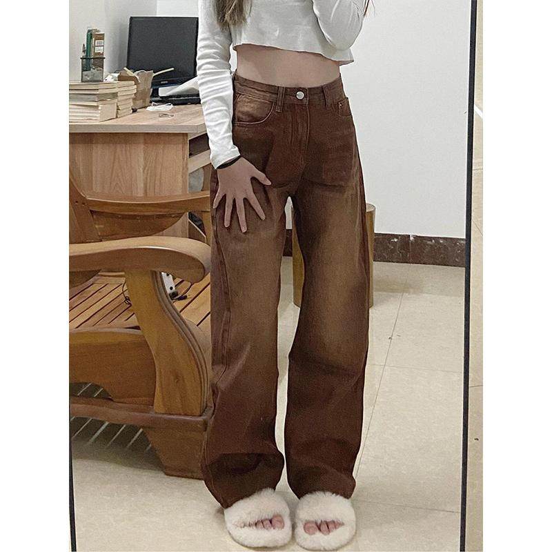 特大码胖mm美式复古棕色直筒牛仔裤女新款学生裤子高腰显瘦阔腿裤,淘宝优惠券,粉丝福利购,淘宝优惠卷