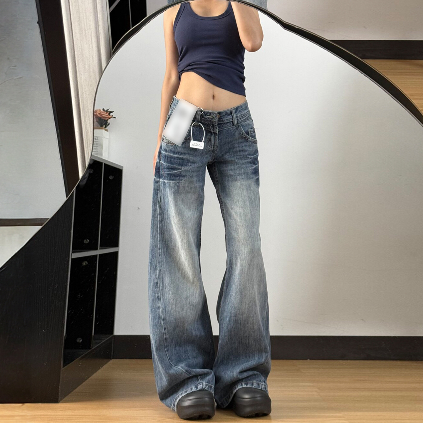 300斤特大码高腰宽松显瘦直筒牛仔裤女胖mm复古蓝高街辣妹风裤子 - 图3