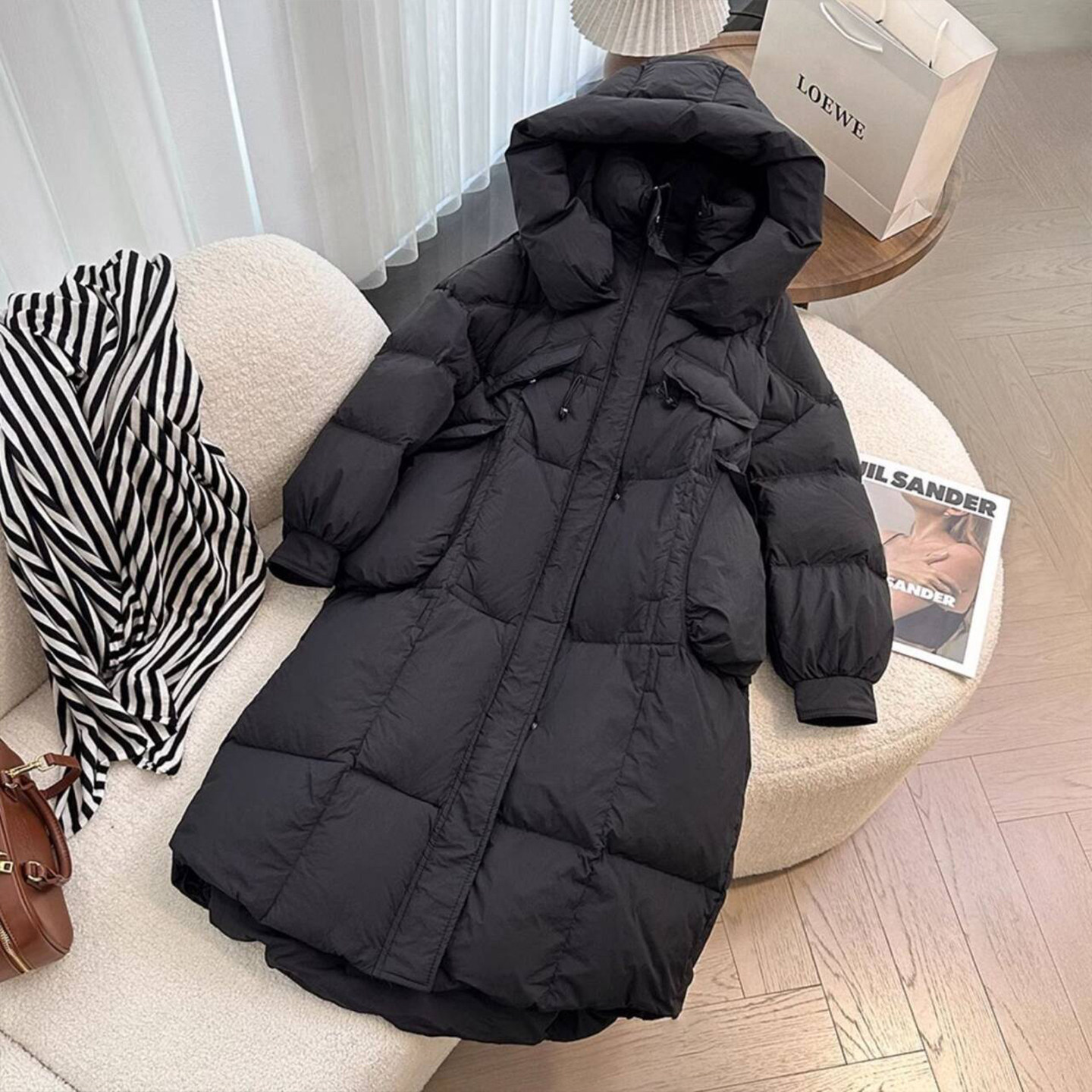 大码女装胖mm黑色加厚保暖过膝棉服上衣女冬季简约高级感连帽外套,淘宝优惠券,粉丝福利购,淘宝优惠卷