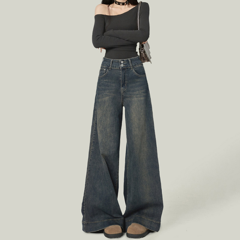 大码女装胖mm复古做旧直筒牛仔裤女新款裤子弹力显瘦设计感阔腿裤,淘宝优惠券,粉丝福利购,淘宝优惠卷