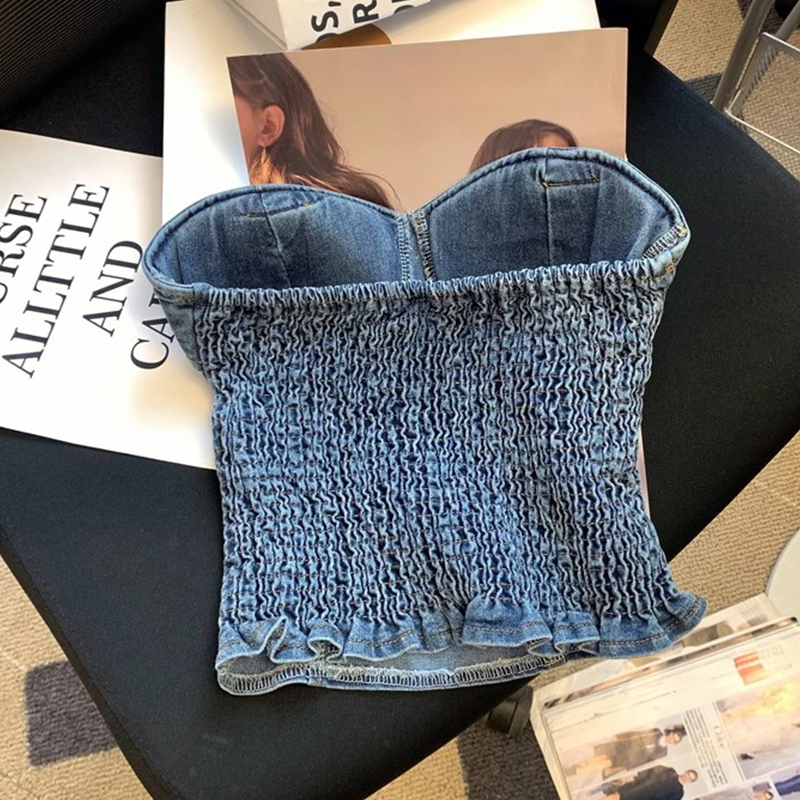 特大码女装美式高街辣妹牛仔背心女性感裹胸外穿显瘦抹胸短款上衣