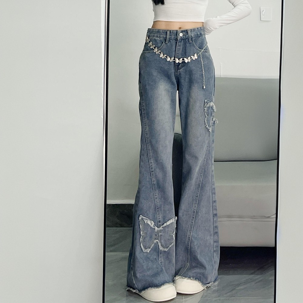 特大码美式蝴蝶刺绣微喇牛仔裤女胖mm学生女裤子高腰显瘦喇叭长裤,淘宝优惠券,粉丝福利购,淘宝优惠卷