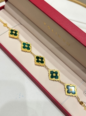 TSL谢瑞麟代购 足金999四叶草布布孔雀石黄金手链手串女 专柜正品