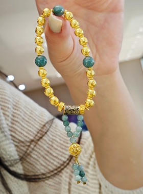 TSL谢瑞麟代购 花丝金珠翡翠流苏足金黄金手链手串 新款专柜正品