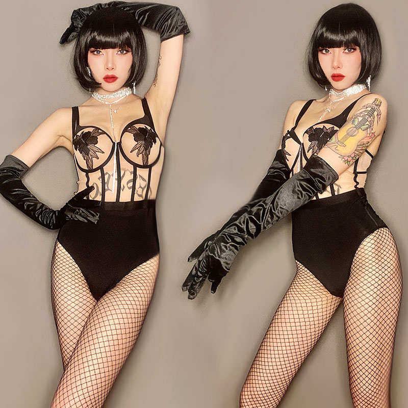 情人节酒吧DS演出服女夜场gogo领舞服钢管舞性感黑拼复古分体套装