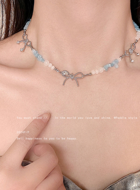 芭蕾少女！蓝色串珠蝴蝶结项链女