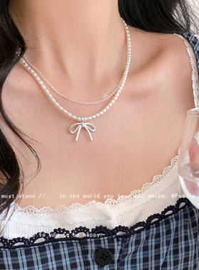 颈间白月光~蝴蝶结珍珠双层项链女轻奢小众锁骨链气质高级感颈链