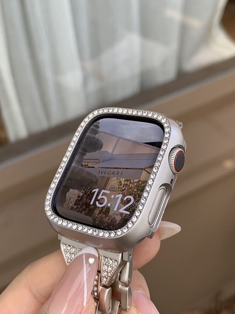 适用Apple Watch9手表保护壳闪钻S9苹果8镶钻se2边框壳iwatch3/4/5/6/7/SE代bling半包硬壳38/45mm女带钻表壳-图2