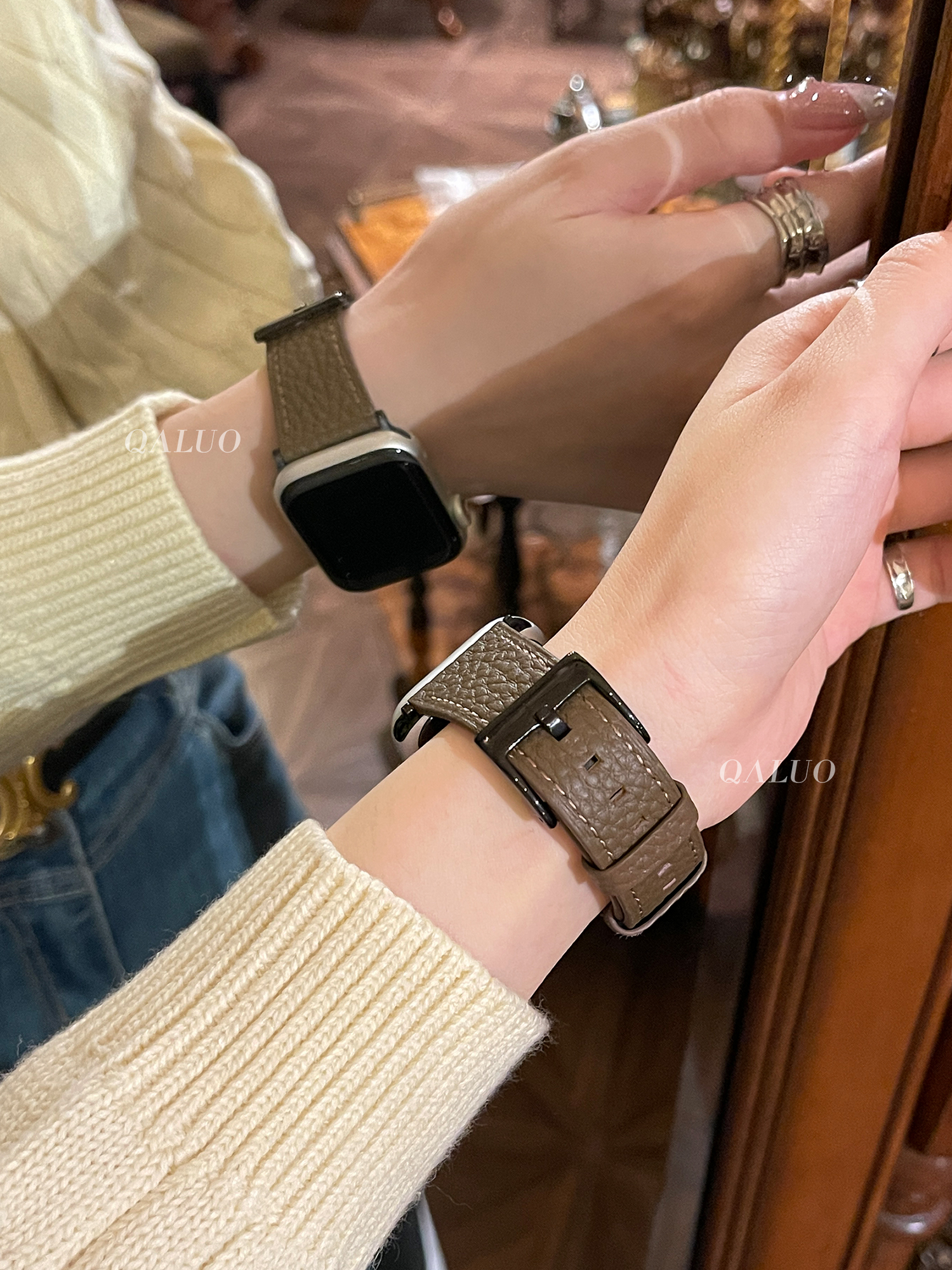 QALUO春夏新款鱼子酱荔枝纹小方扣适用apple watchS9/S8代表带iwatch7苹果手表se/6543真皮表带41/45mm高级女-图2