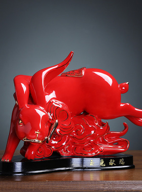 红色陶瓷玉兔招财工艺品摆件