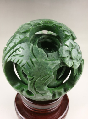 Chinese old green jade carved fengshui magic with wood base