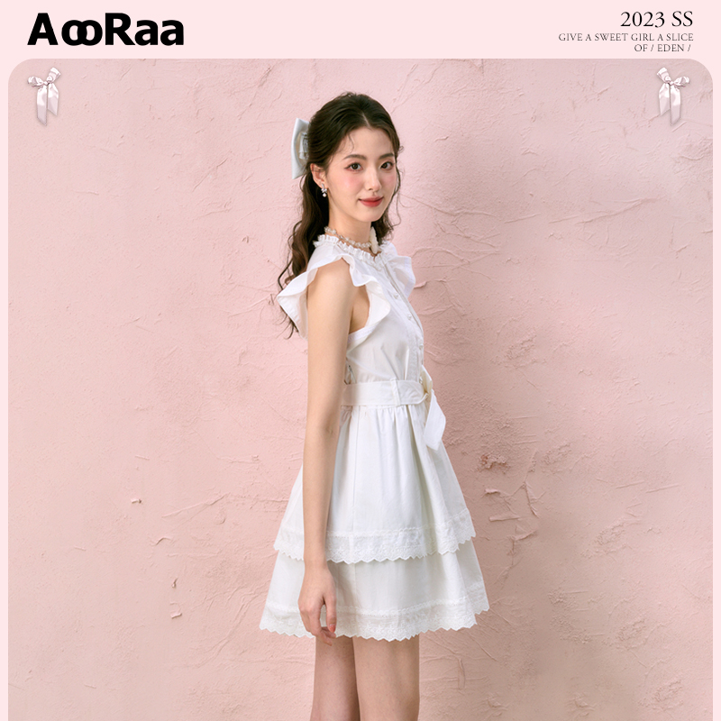 AooRaa原创设计 甜美小飞袖花边连衣裙系带收腰裙子夏 - 图0