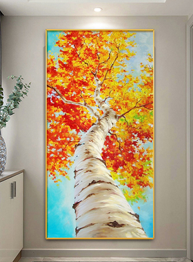 纯手绘风景大尺寸油画白桦树风景挂画客厅玄关现代简约竖版装饰画