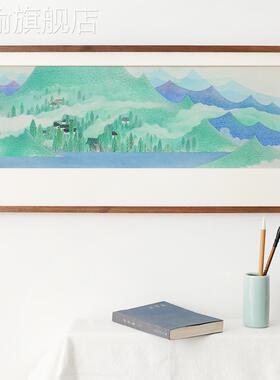 网红李客旭青绿山墨画山峰彩色横装版床头发水厅书房沙饰画新中式