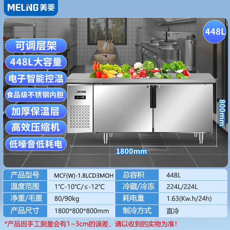 美菱MCF(W)-1.8LCD3MOH1.8米厨房不锈钢冰柜工作台卧式双温操作台-图0