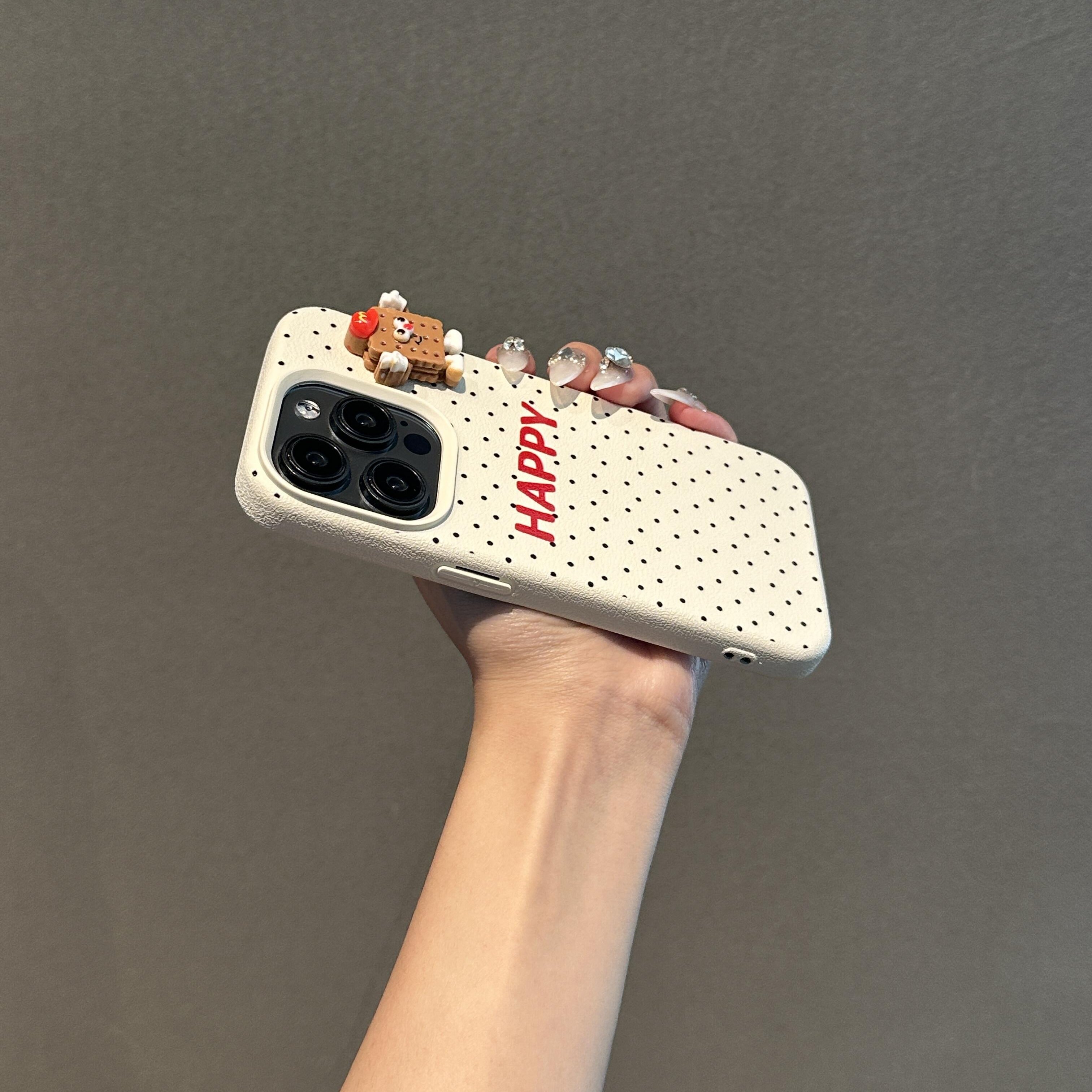 黑色波点立体饼干适用苹果15pro max手机壳iphone13新款16皮质软壳12女款14promax硅胶防摔全包创意小众日韩