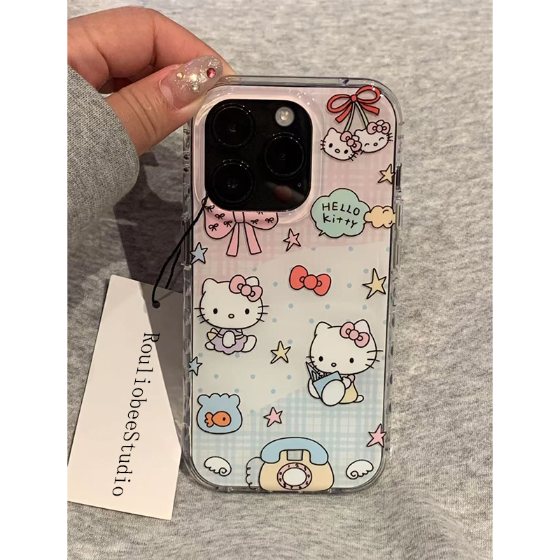 蓝粉色插画Kitty适用苹果16/15Pro手机壳华为Pura80pro新款大孔白色mate70/OPPOvivos30x200套小米15note13软 - 图0